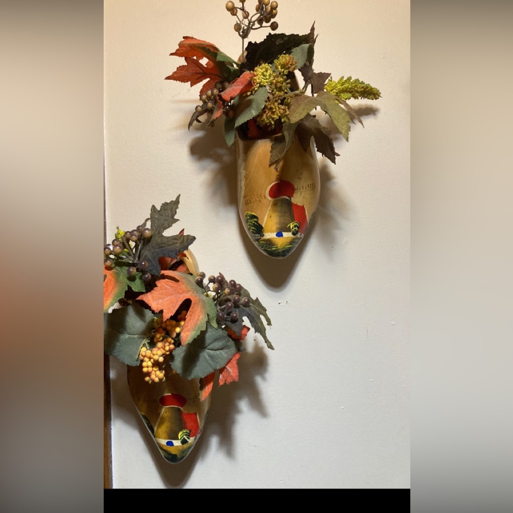Vintage Dutch Hand Carved Wood Shoes with Dry Leaves